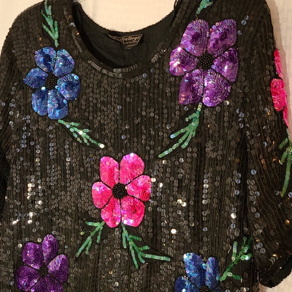 Sequined Silk SS Top Floral Vintage XL Black